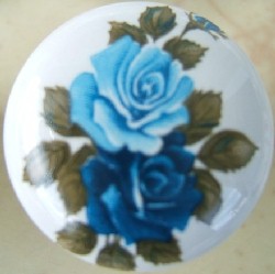 CERAMIC CABINET KNOB  blue ROSE ROSES flower