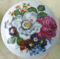 CERAMIC CABINET pull KNOB  PINK WHITE ROSE ROSES flower