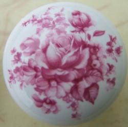 CERAMIC CABINET KNOB  PINK ROSE ROSES flower