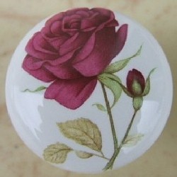 CERAMIC CABINET KNOB  PINK RED maroon ROSE ROSES flower