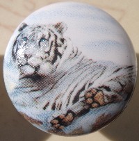 CERAMIC CABINET KNOB KNOBS  WILDLIFE WHITE TIGER